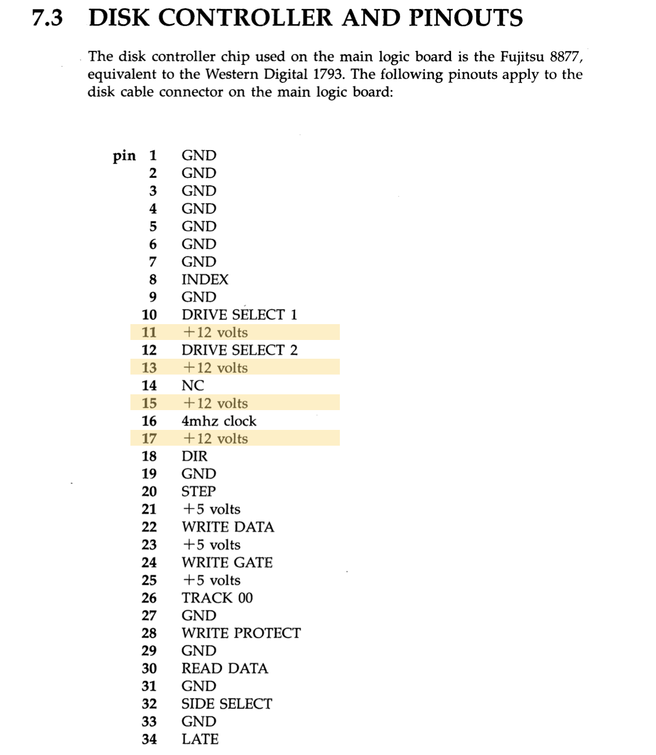 Disk controller pinout showing power on ribbon cable