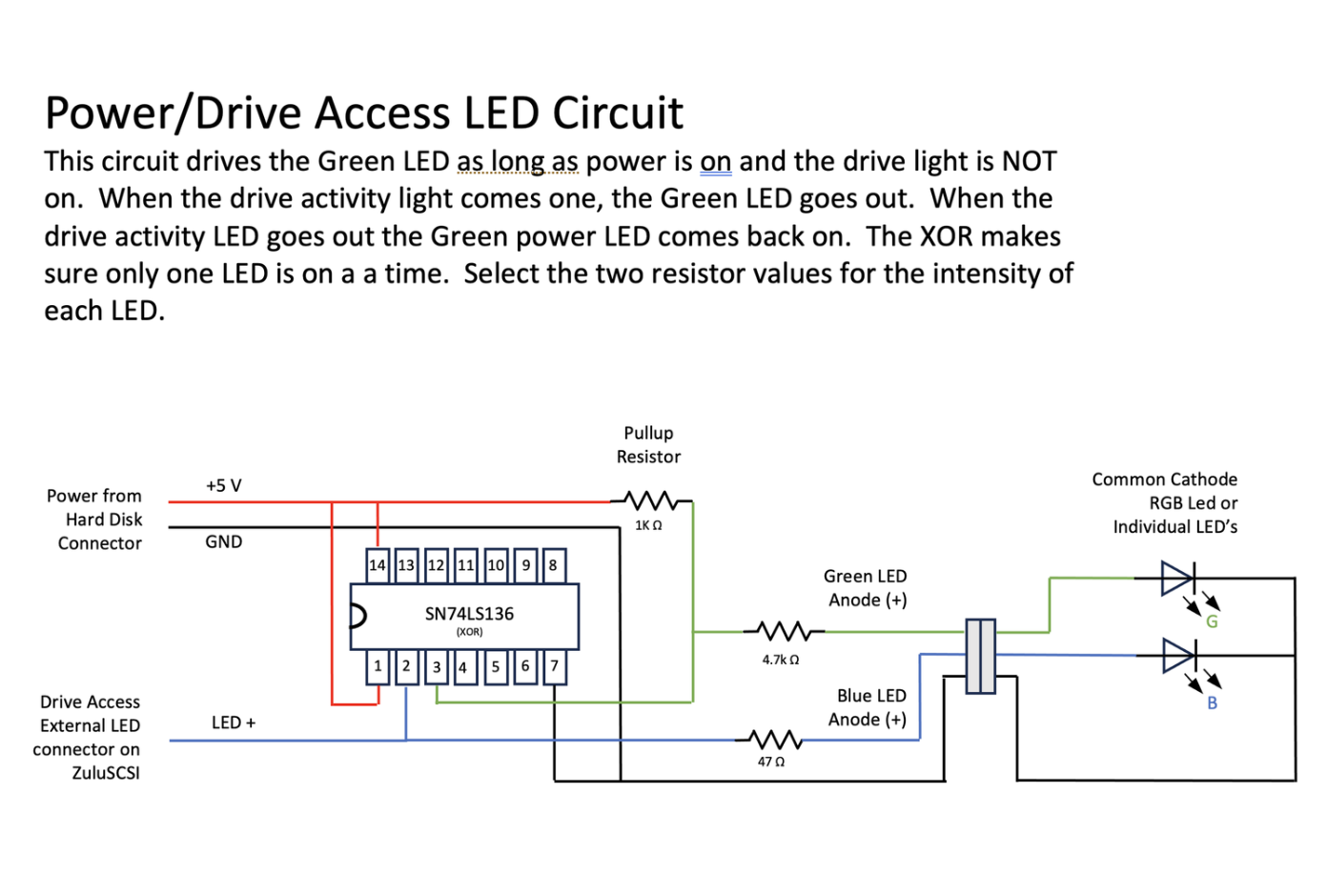 Power/Drive Access LED circuit — an SN74LS136 XOR gate driving a common-cathode RGB LED, with +5V and the drive-access signal as inputs and current-limiting resistors on the green and blue anodes