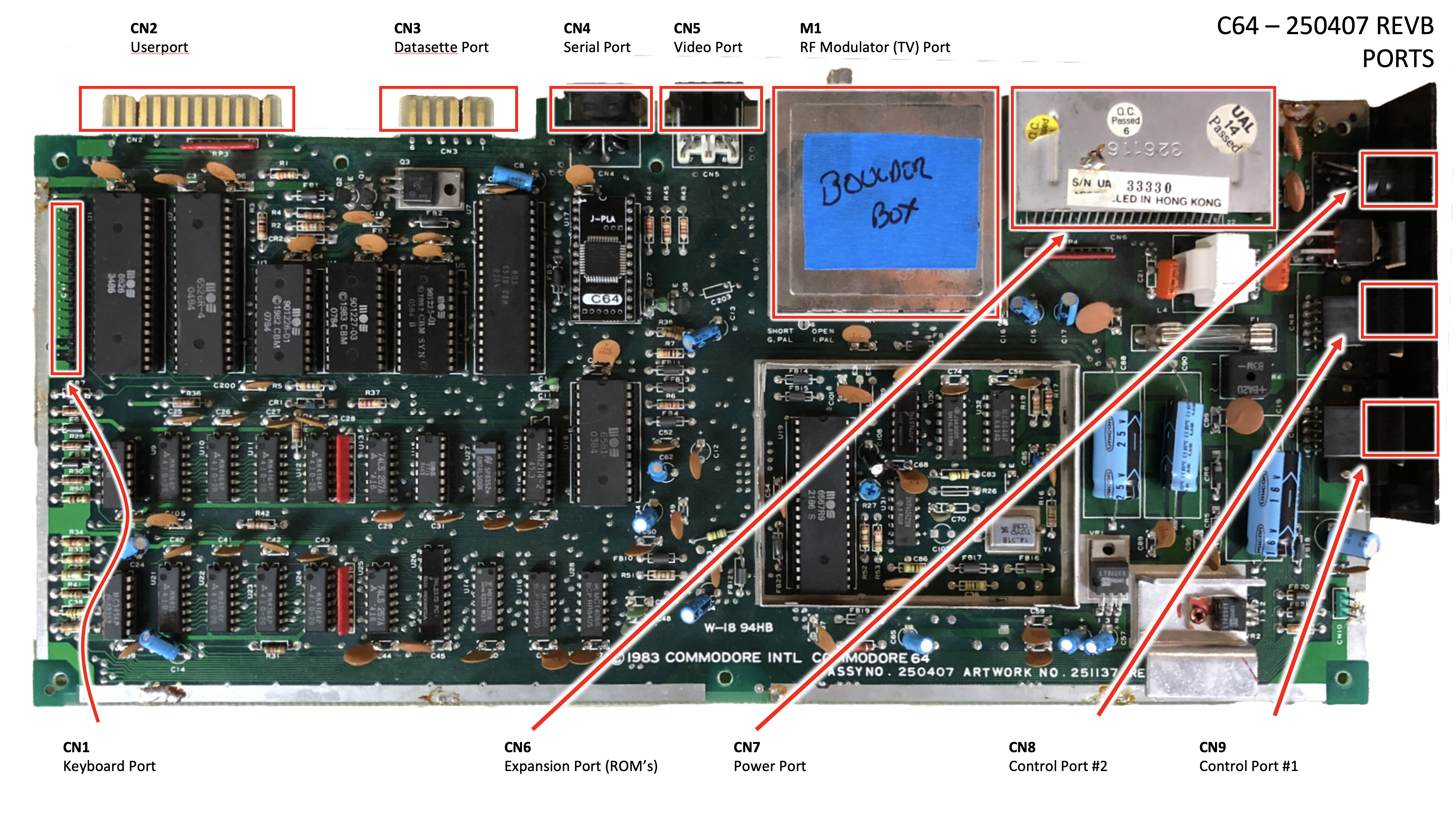 The 250407 motherboard with all external connectors labeled by their CN-number