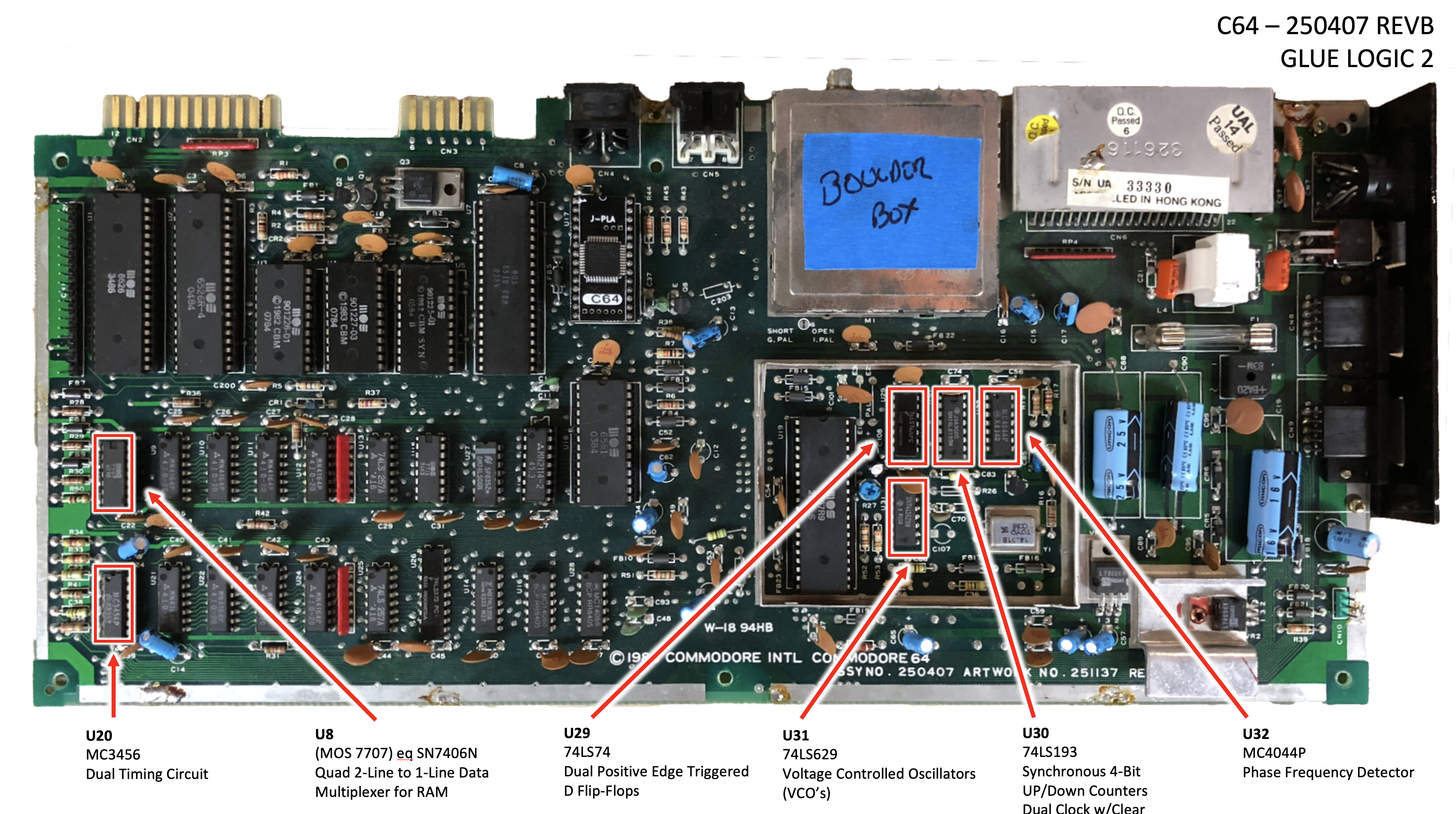 The 250407 motherboard with the second set of glue-logic chips labeled by U-number