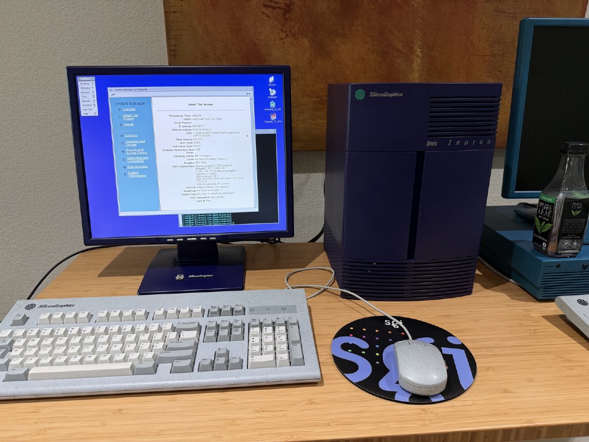 SGI Indigo R4400 running IRIX 6.5 with its matching retro display, three hours into the first validation run after the power supply repair