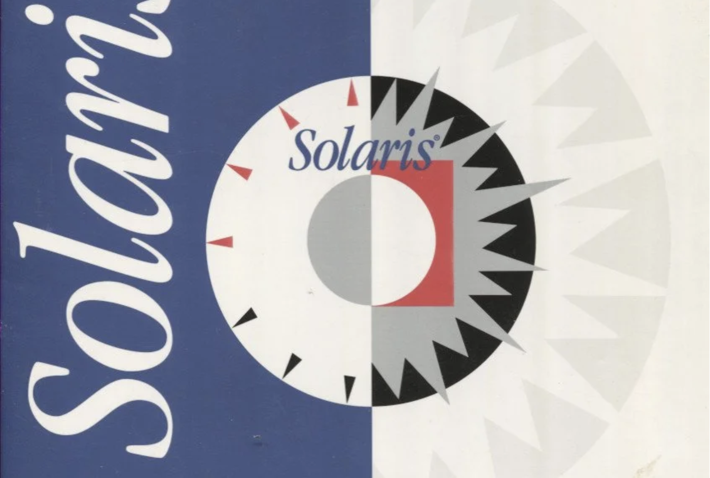 Solaris-era marketing graphic — stylized &ldquo;Solaris&rdquo; wordmark on a split blue-and-white background with a sunburst clock motif