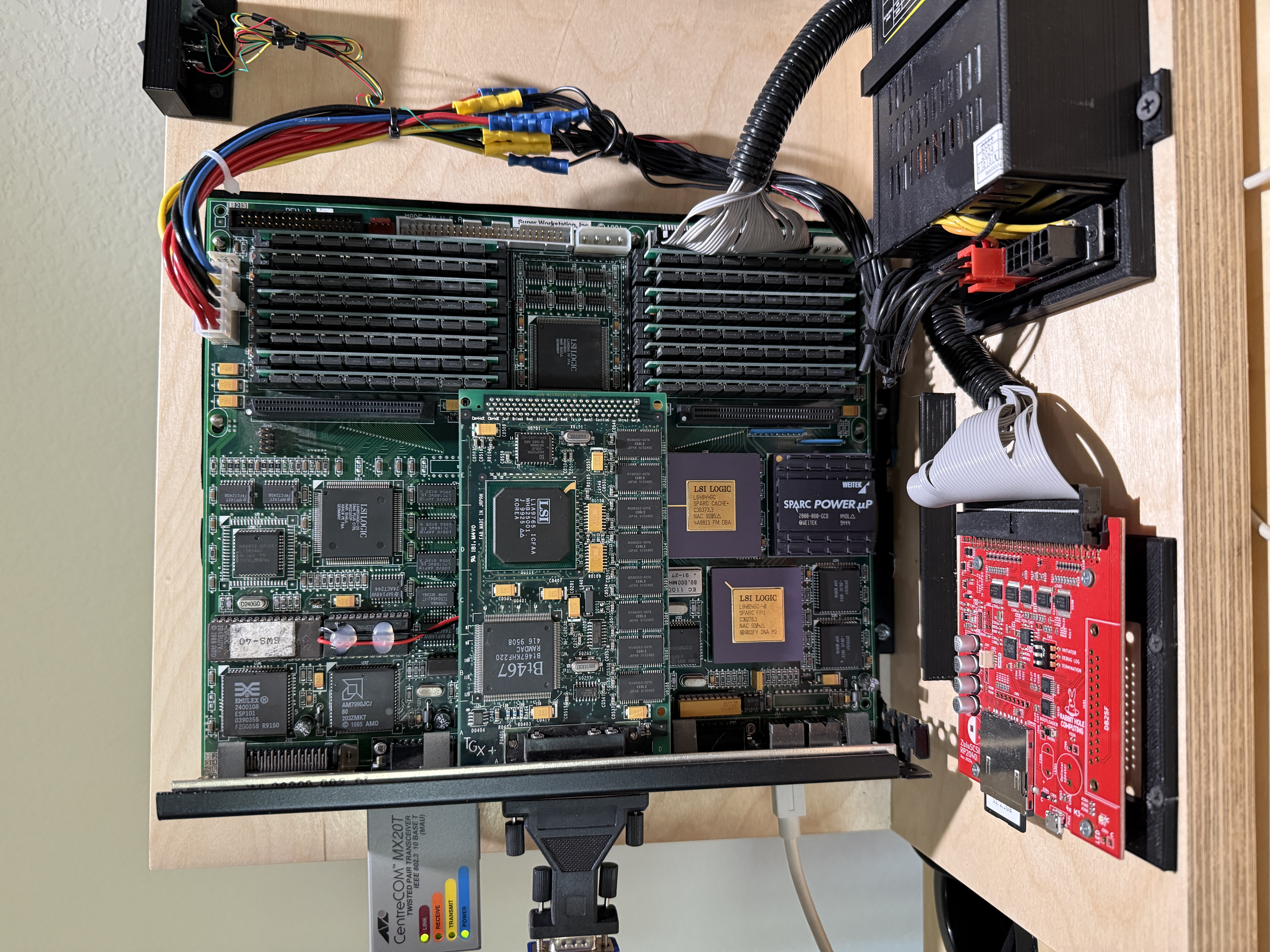 Close-up of board with Weitek PowerUp and wiring